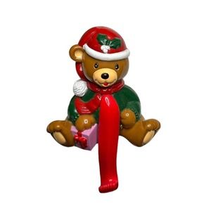 Vtg Teddy Bear Stocking Hanger Holder Santa Christmas Scarf Plastic Celluloid